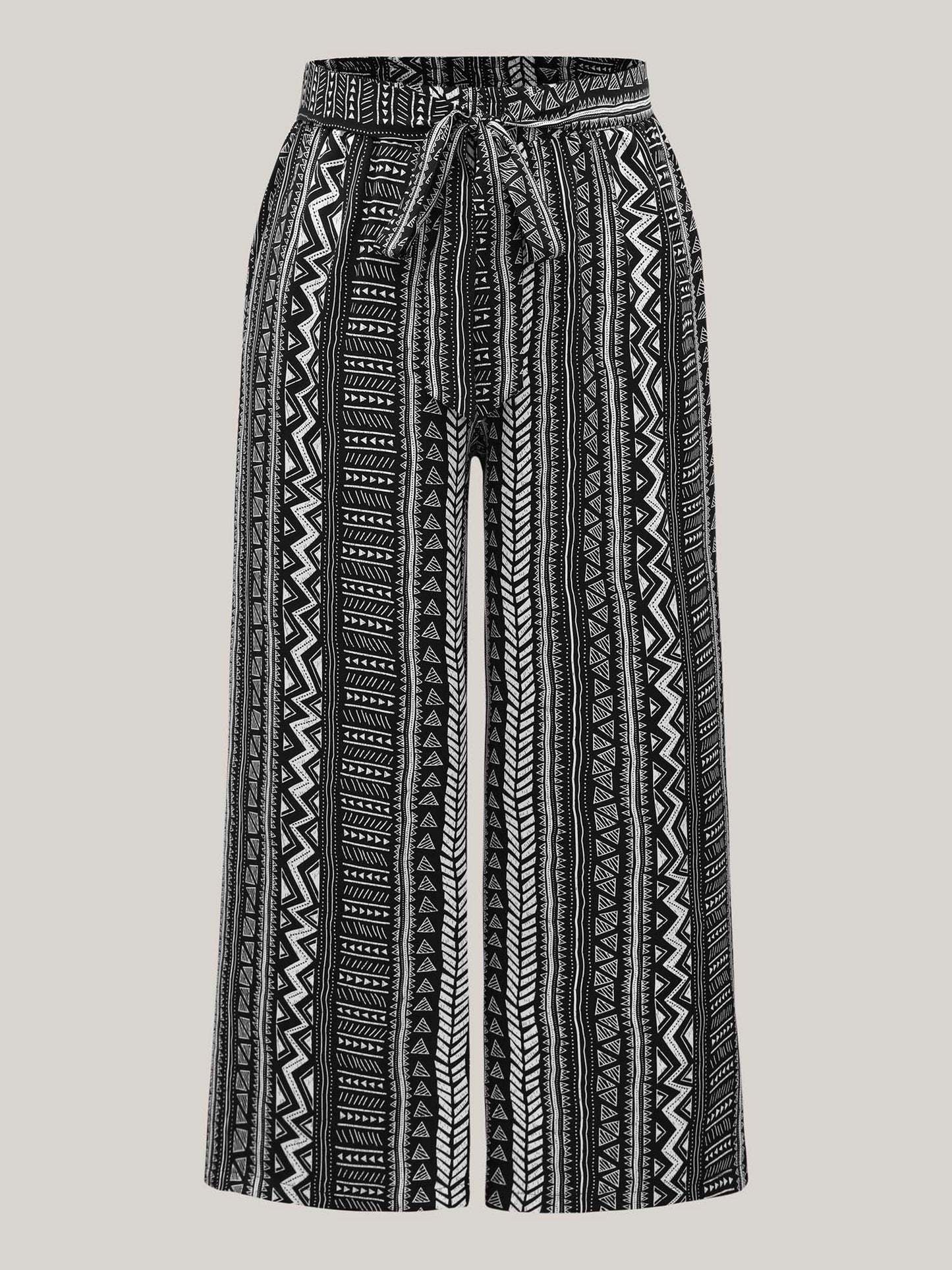 Waist-Tie Wide-Leg Boho Print Pants