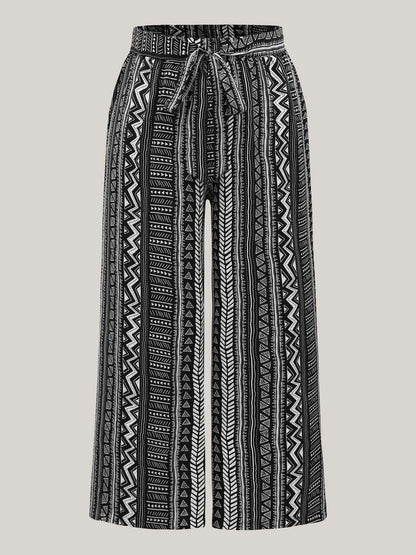 Waist-Tie Wide-Leg Boho Print Pants