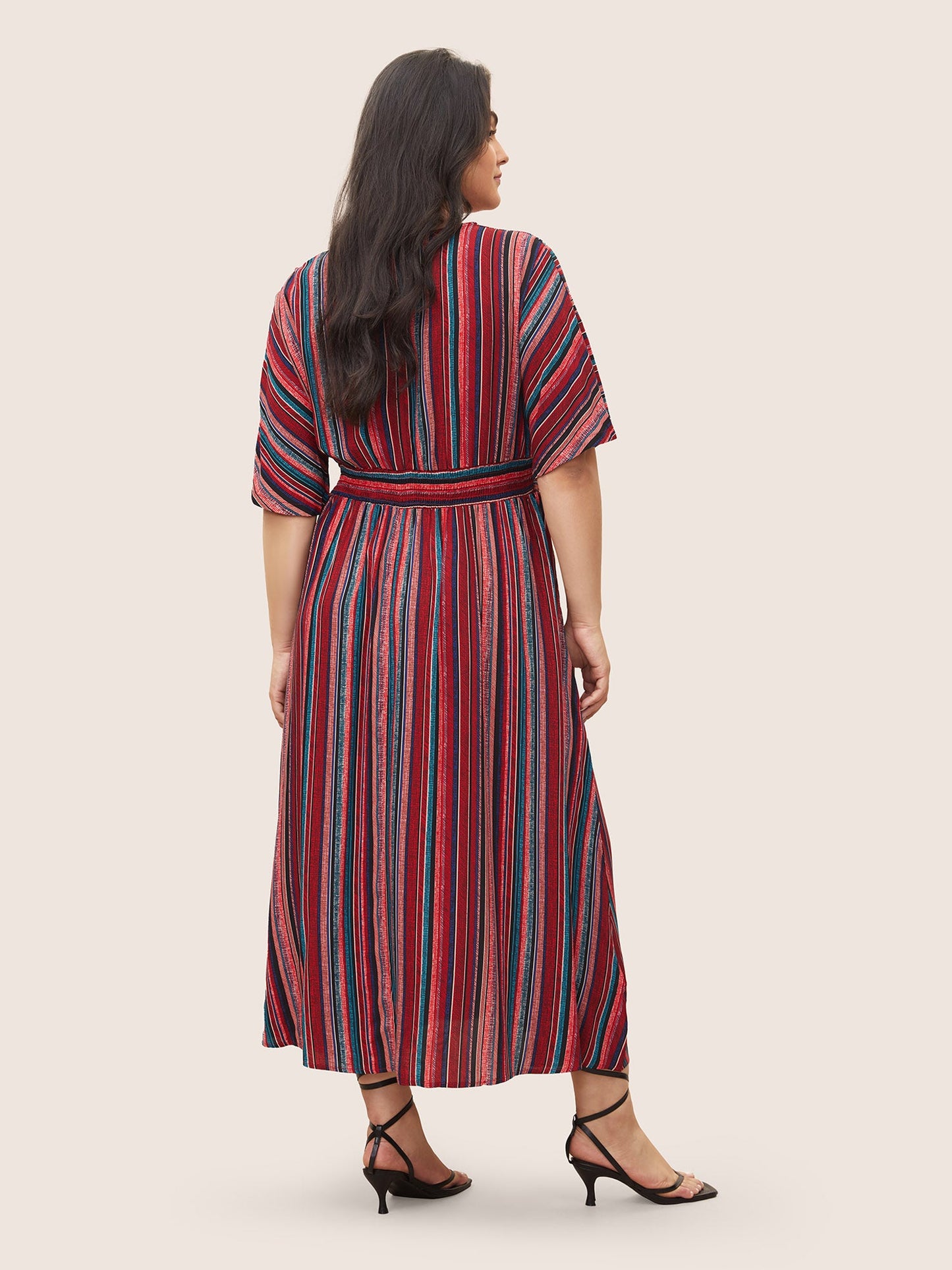 Striped Contrast Dolman Sleeve Shirred Pocket Split Flutter Dress