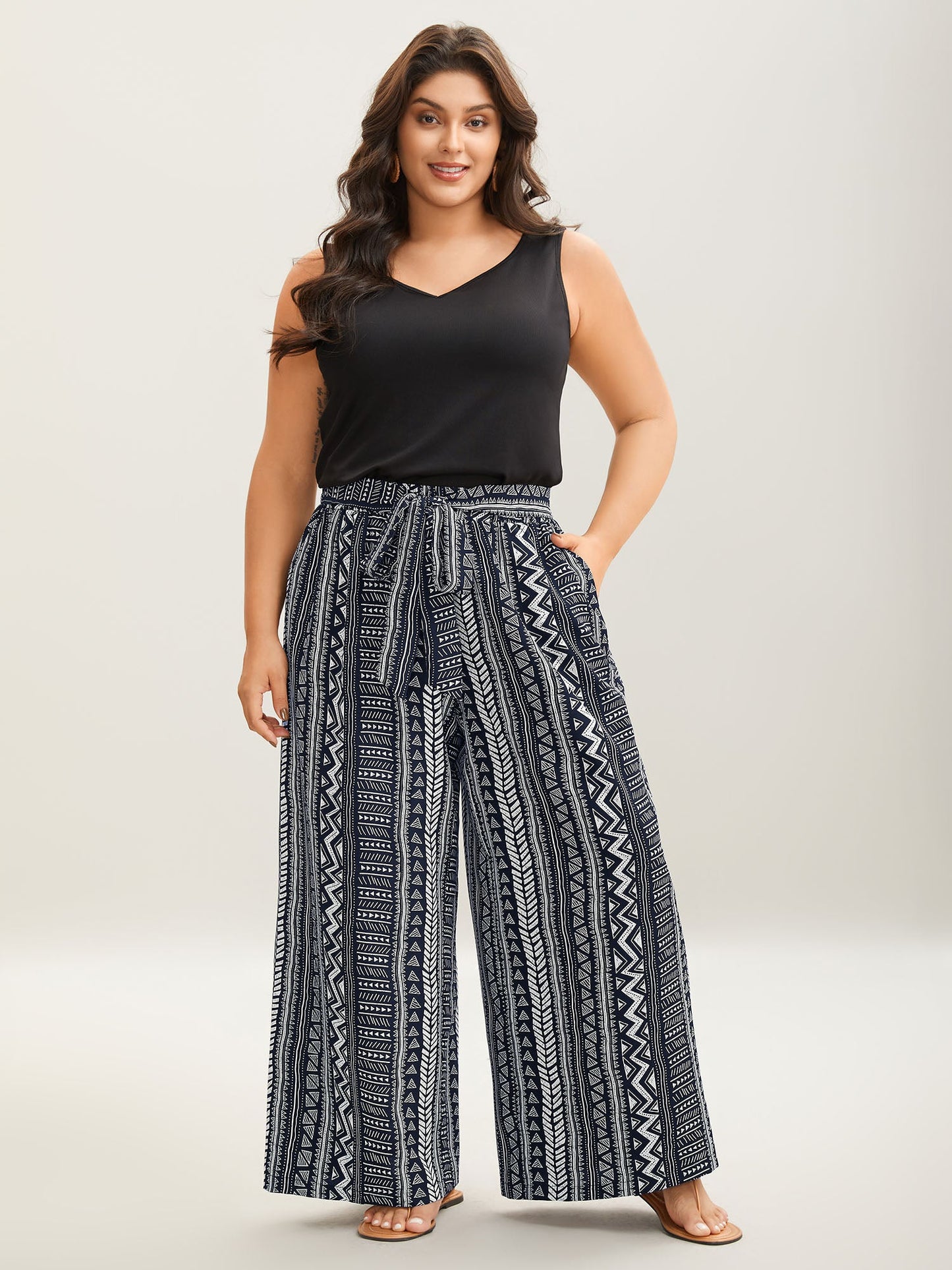 Waist-Tie Wide-Leg Boho Print Pants
