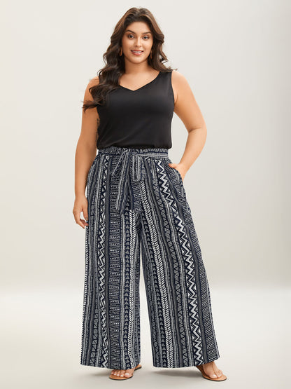 Waist-Tie Wide-Leg Boho Print Pants