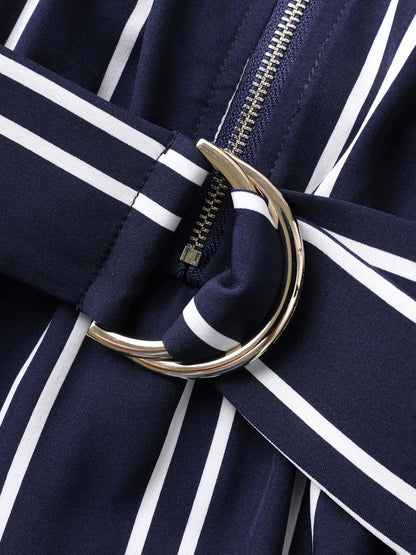 Stripe Print Zipper Belted Midi Dress