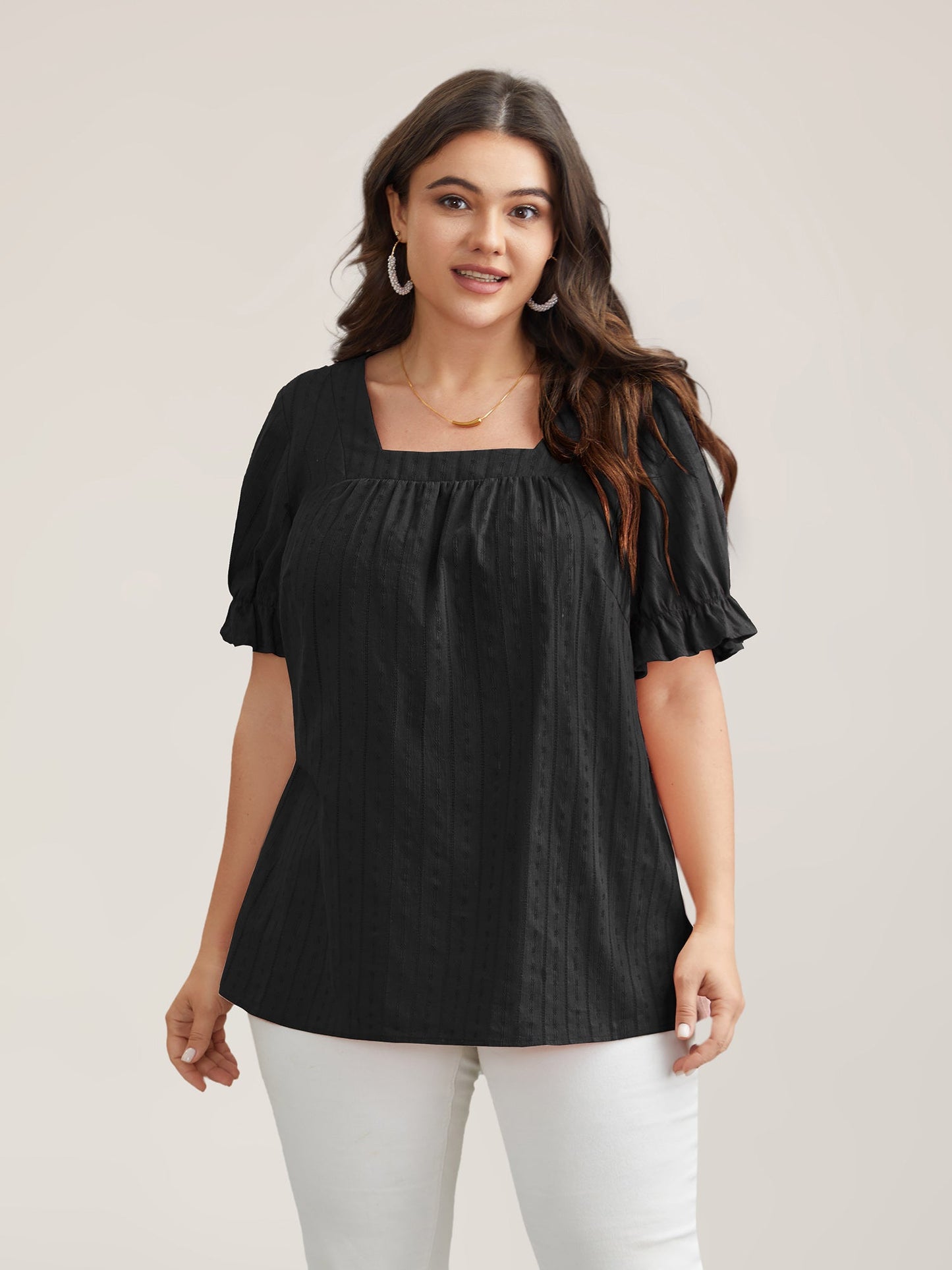 Cotton Square Neck Ruffled Sleeve Shirt