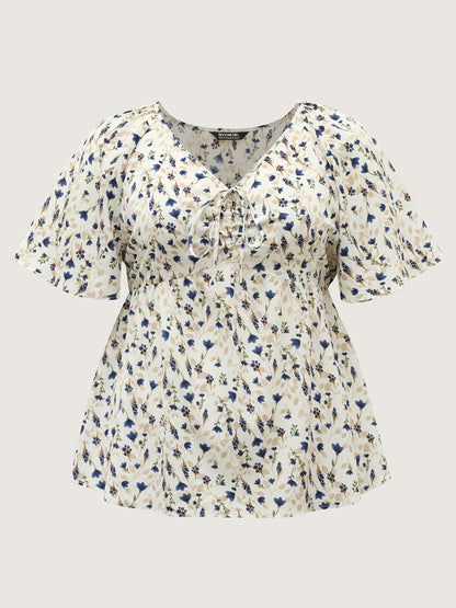 Bust-Comfort Floral Print Tie Blouse