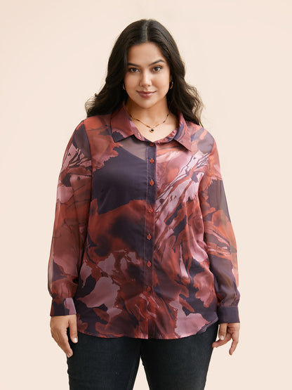 Watercolor Floral Mesh Shirt Collar Blouse