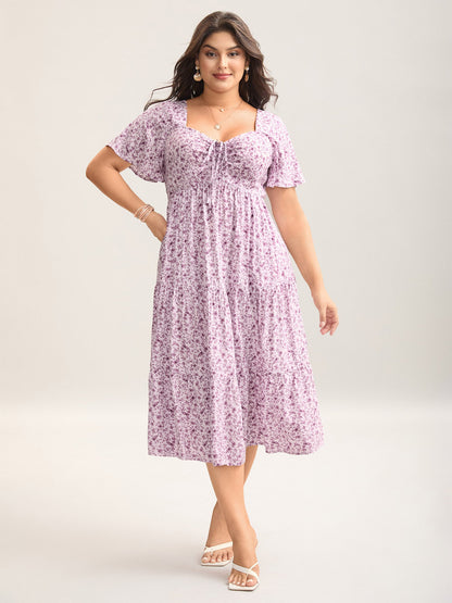 Ditsy Floral Sweetheart Drawstring Pocket Tiered Dress