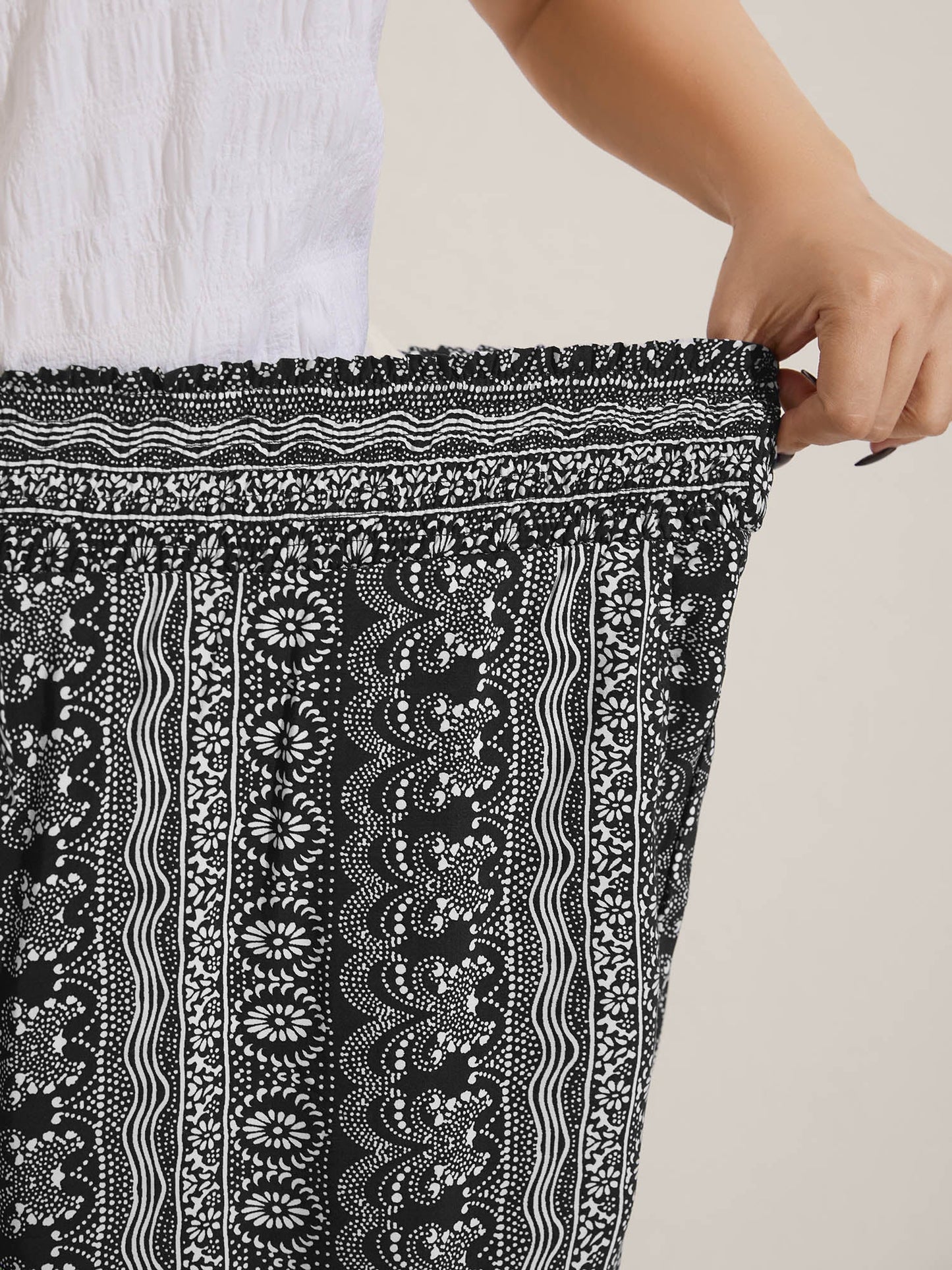Boho Print Shirred Waist Wide-Leg Pants