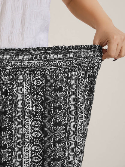 Boho Print Shirred Waist Wide-Leg Pants