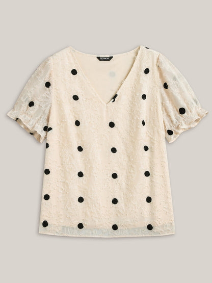 Textured Dots V-Neck Puff Sleeve Blouse