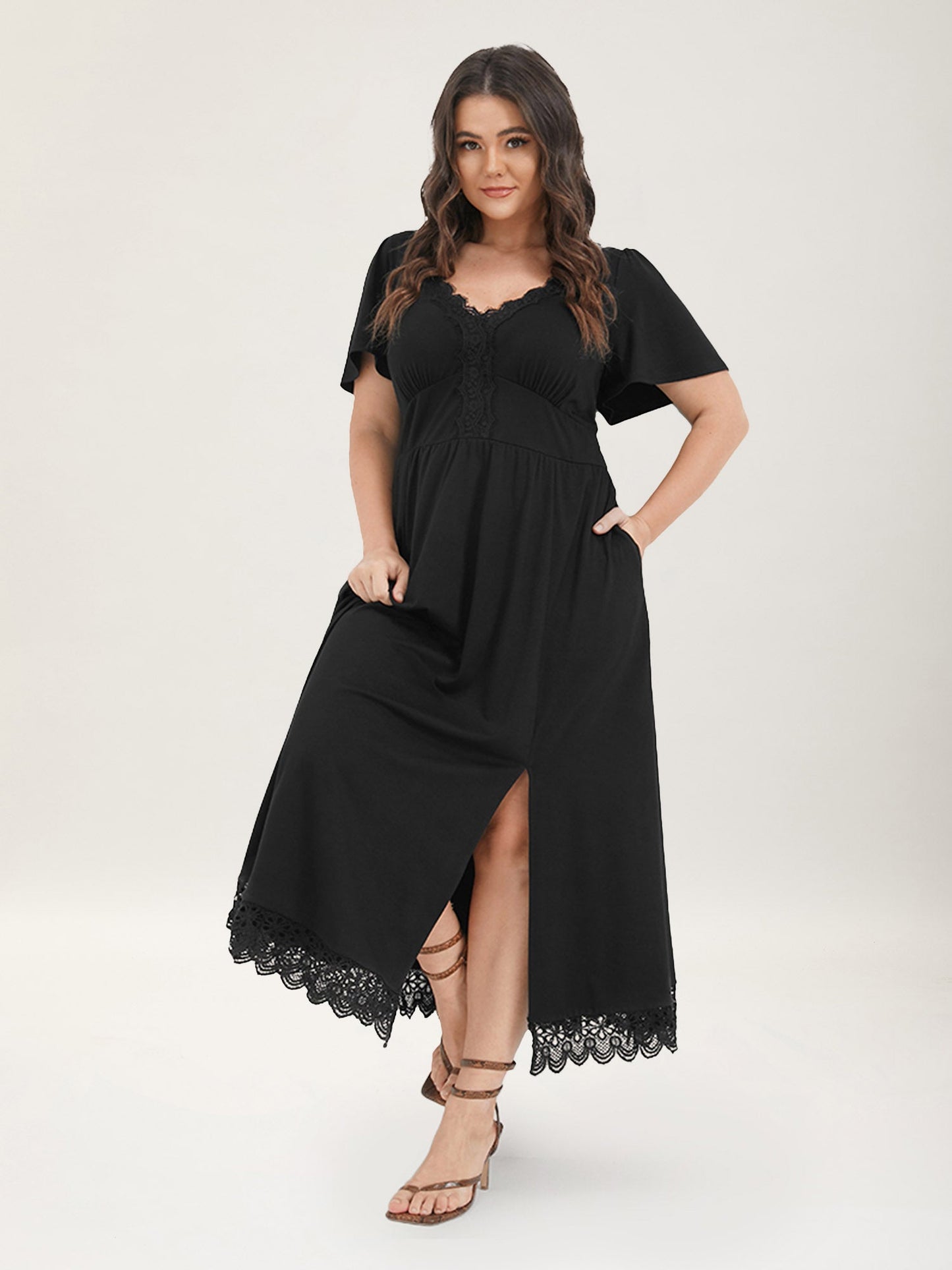 Solid Pocket Contrast Lace Split Maxi Dress