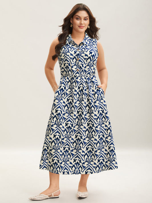 Spring Abstract Print Shirt Collar Midi Dress