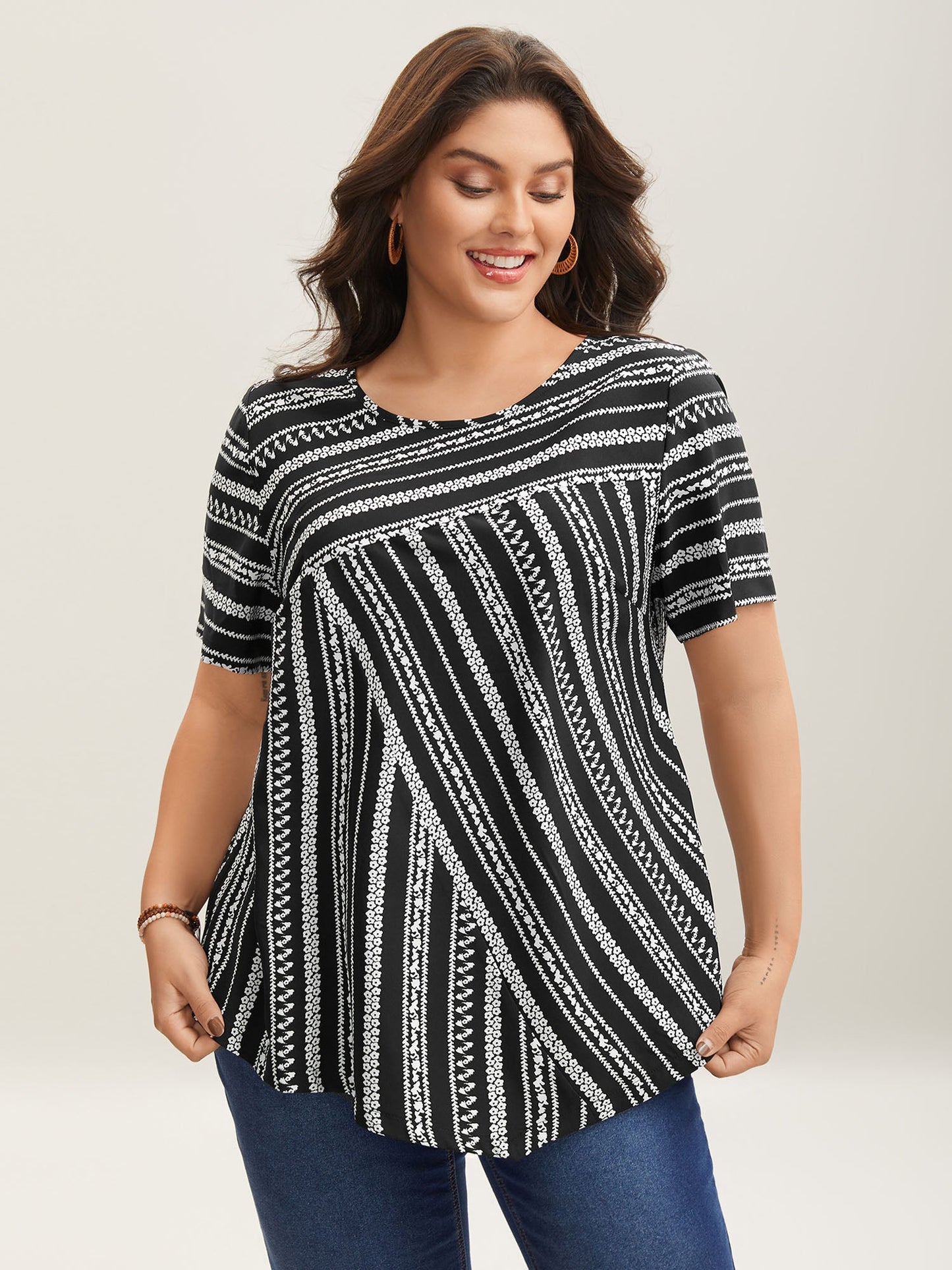 Striped Overlap Print Curvy Hem Blouse