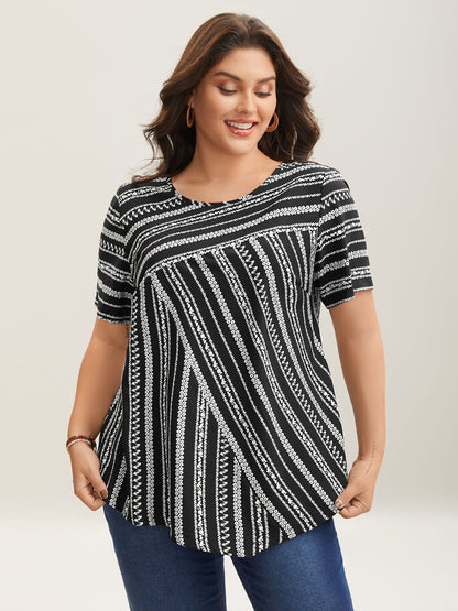 Striped Overlap Print Curvy Hem Blouse