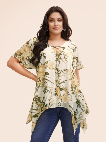Chiffon Floral Crisscross Hanky Hem Blouse