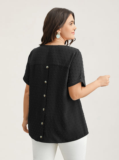 Back-Button Textured V-Neck Shirt