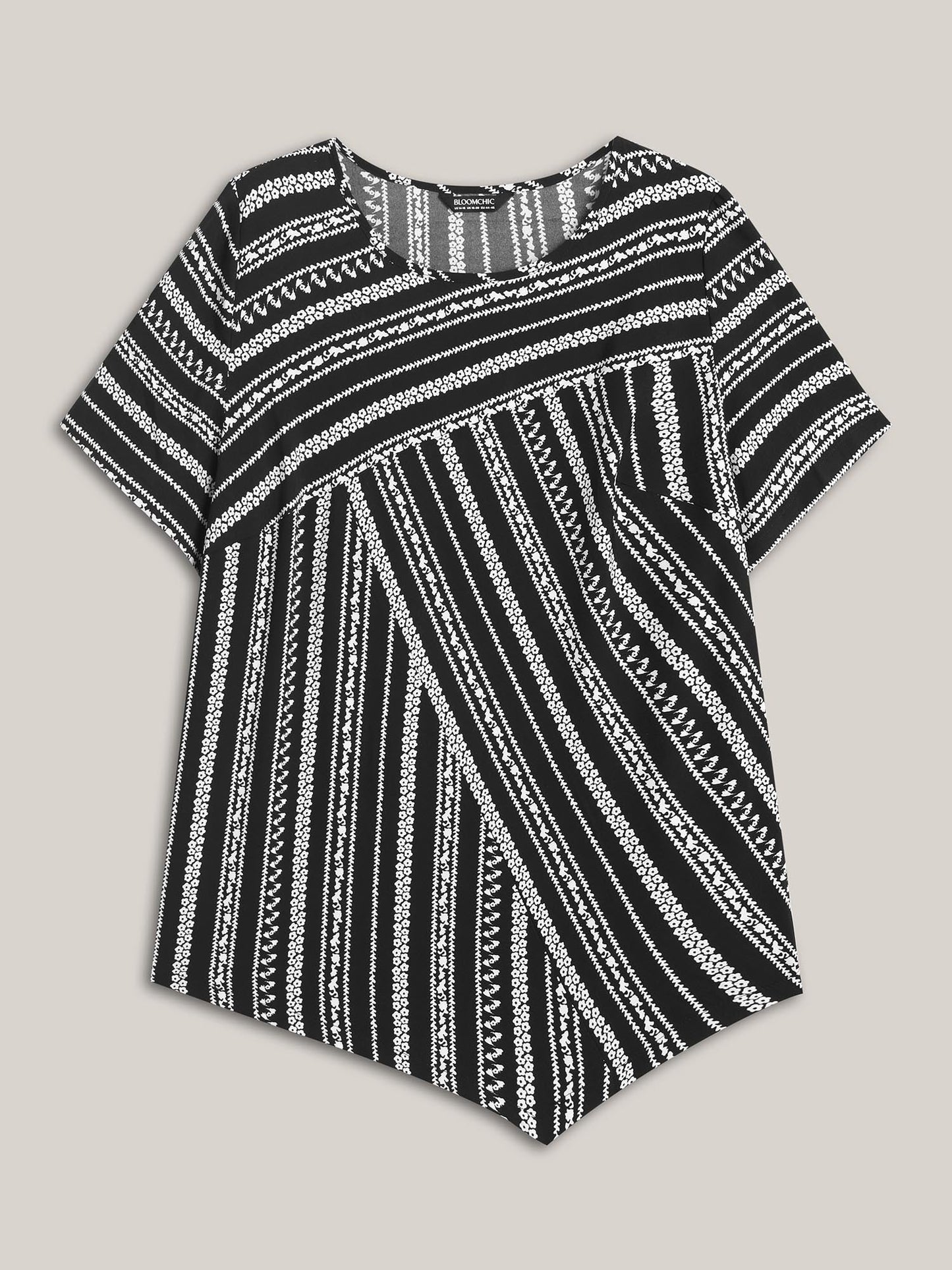 Striped Overlap Print Curvy Hem Blouse