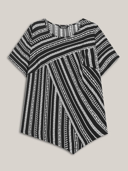 Striped Overlap Print Curvy Hem Blouse