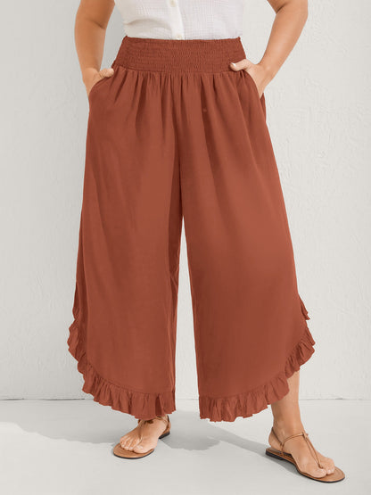 Ruffled Curvy Hem Wide-Leg Pants