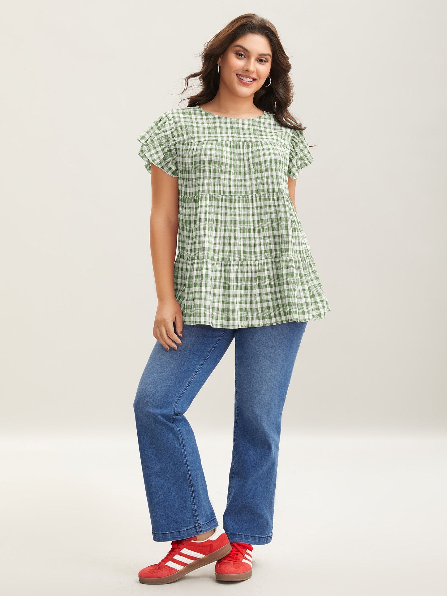 Plaid Print Textured Lotus Leaf Sleeve Shirt