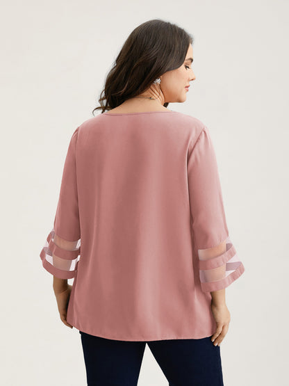 Sheer Sleeve Patchwork Asymmetrical Neckline Blouse