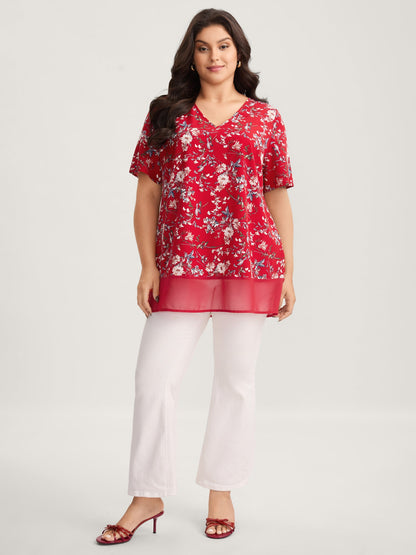 Garden Print Spliced V-Neck Blouse