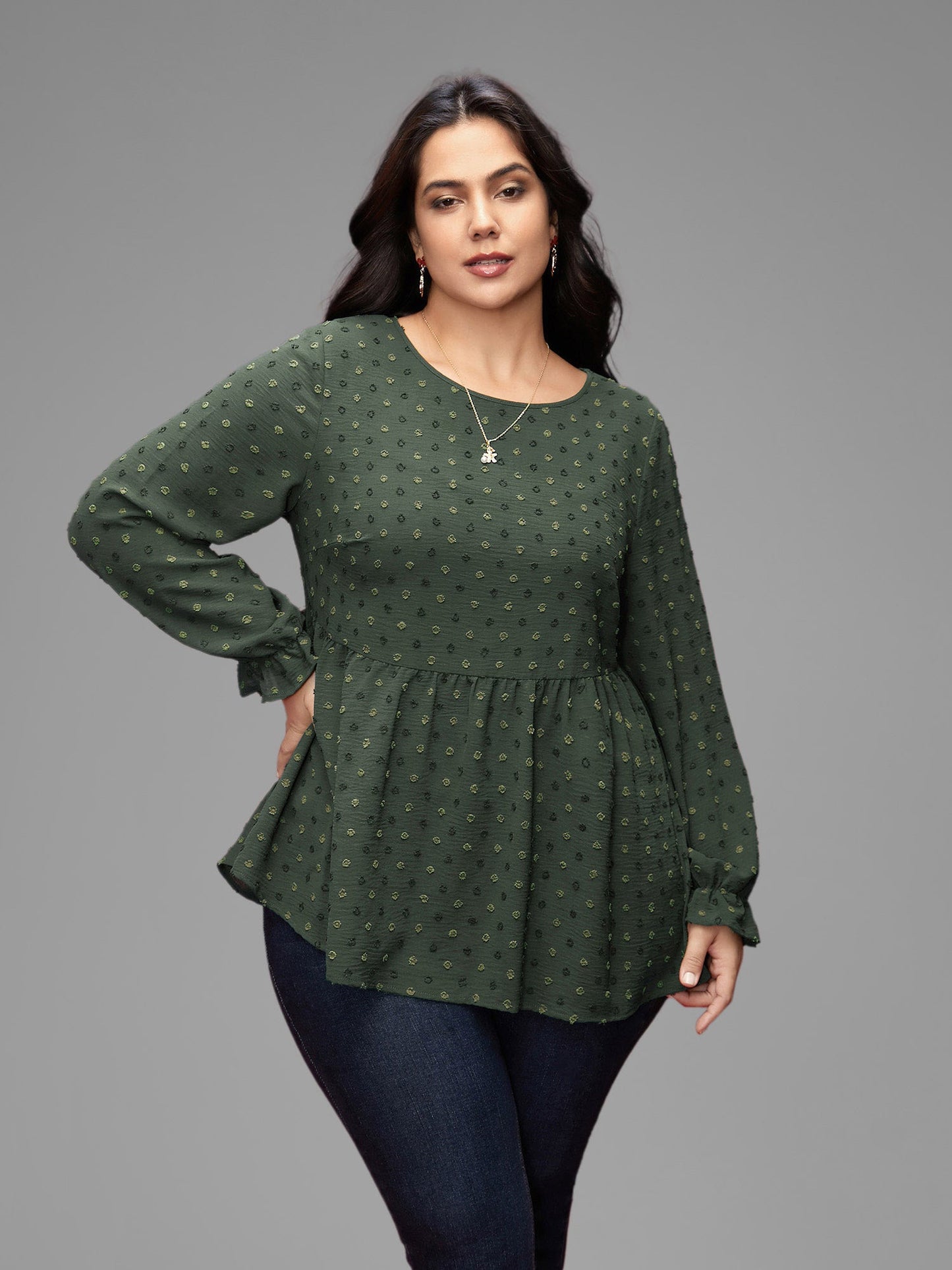 Textured Dot Elastic Cuffs A-line Blouse