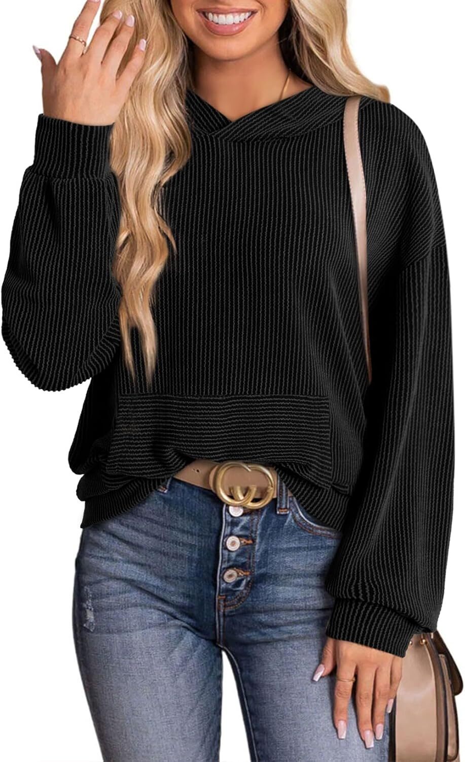 Women's Pullover Hoodies Sweatshirts Casual Loose Long Sleeve Ribbed Knit Shirts