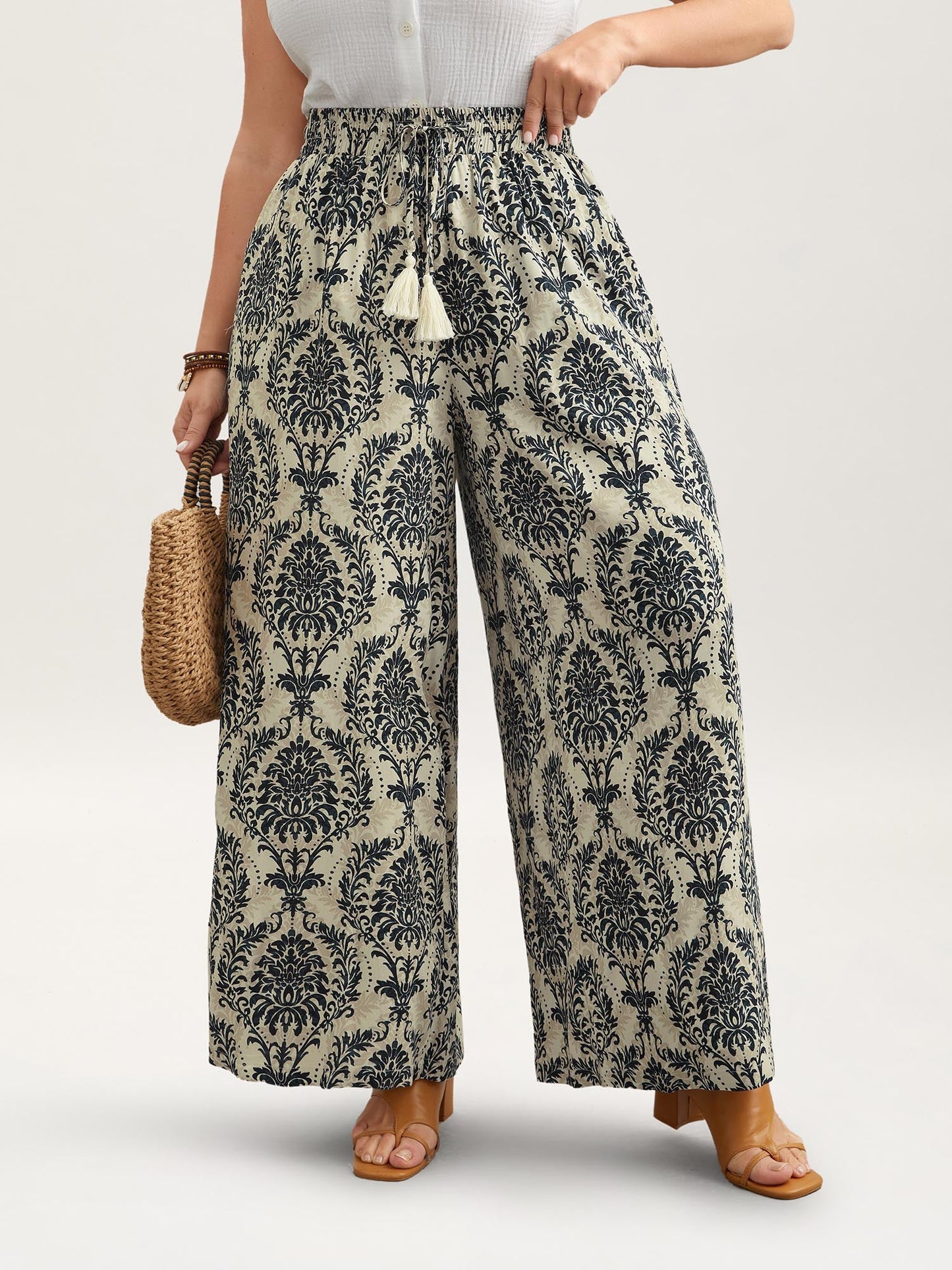 Damask Print Tassel Straight-Leg Pants