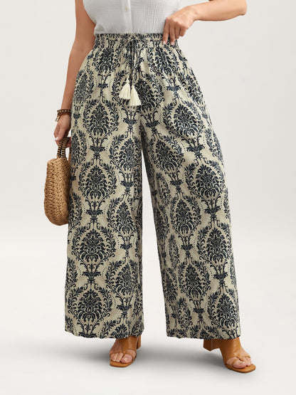 Damask Print Tassel Straight-Leg Pants