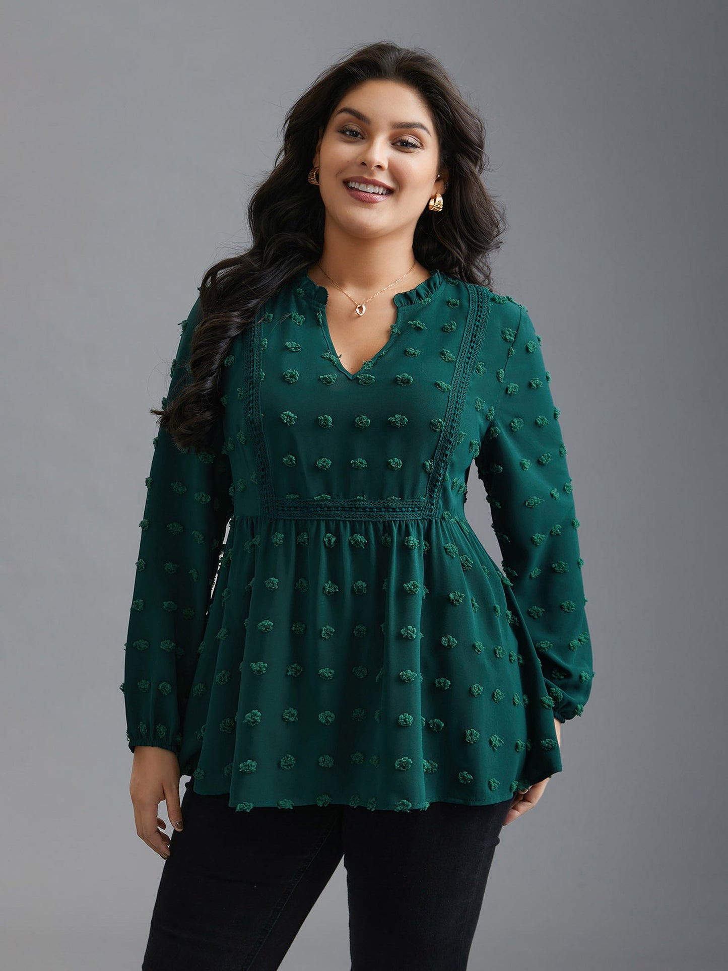 Notched Collar Ruffle Trim Textured Blouse