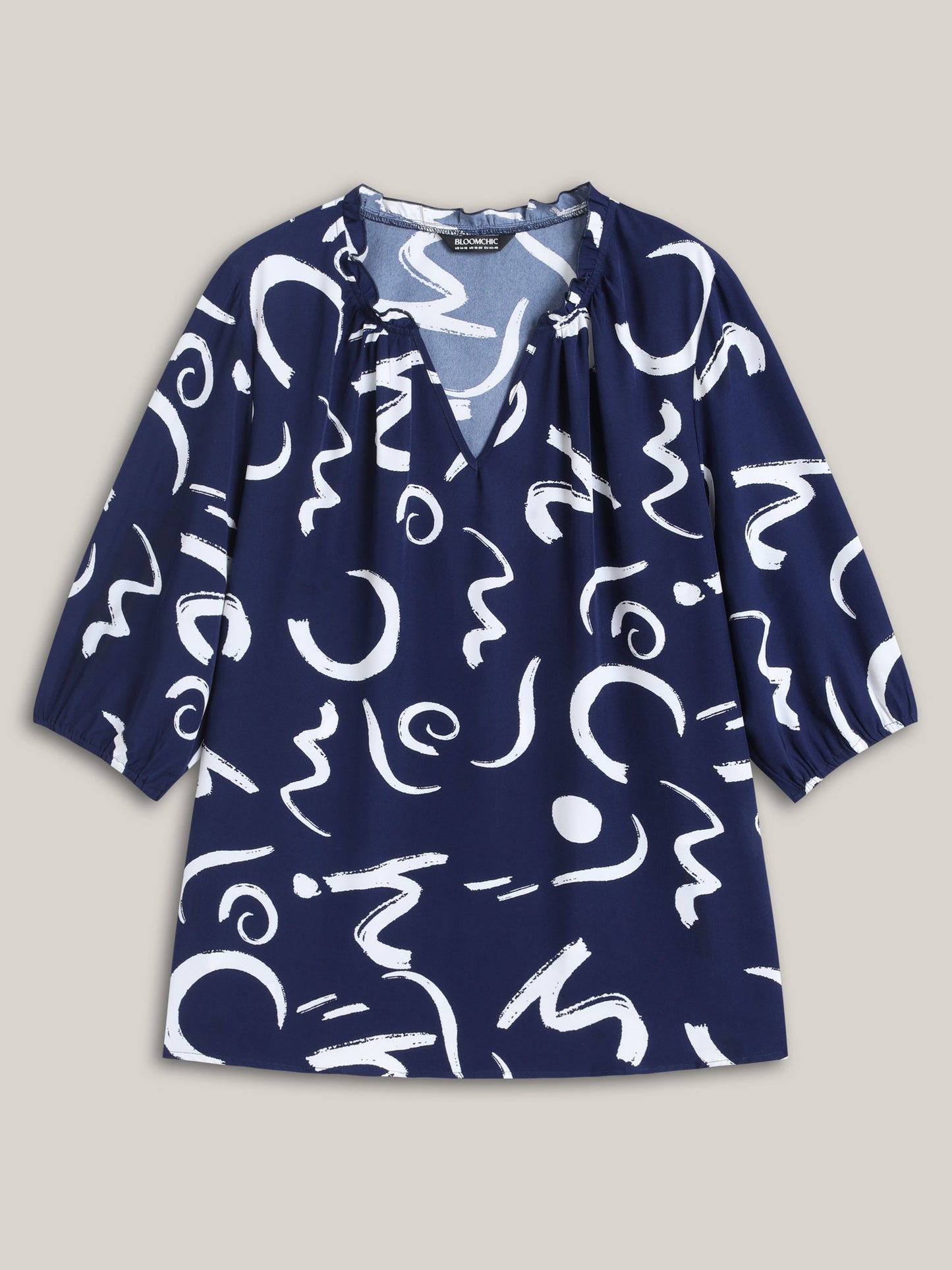 Scribble Print Ruffled Split Neck Blouse