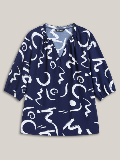 Scribble Print Ruffled Split Neck Blouse