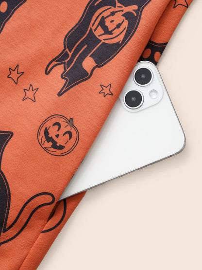 Pumpkin Cat Printed Hooded Midi Dress