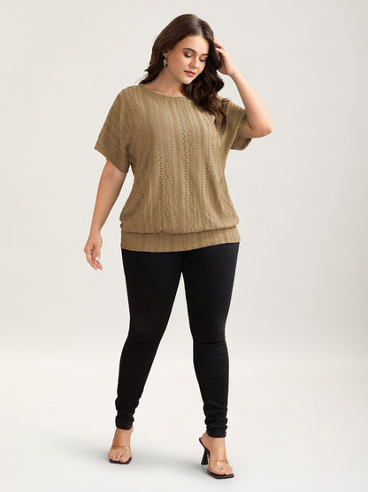 Eyelet Trim Stretchy Textured Plain Top