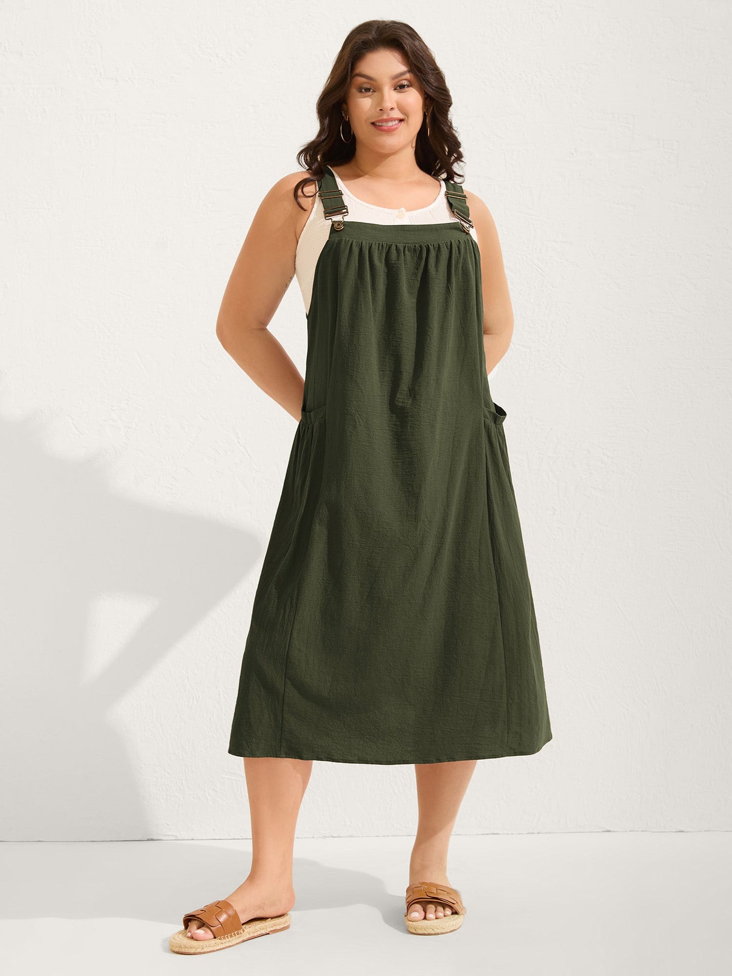 Pure Cotton Pleated Pockets Midi Dress