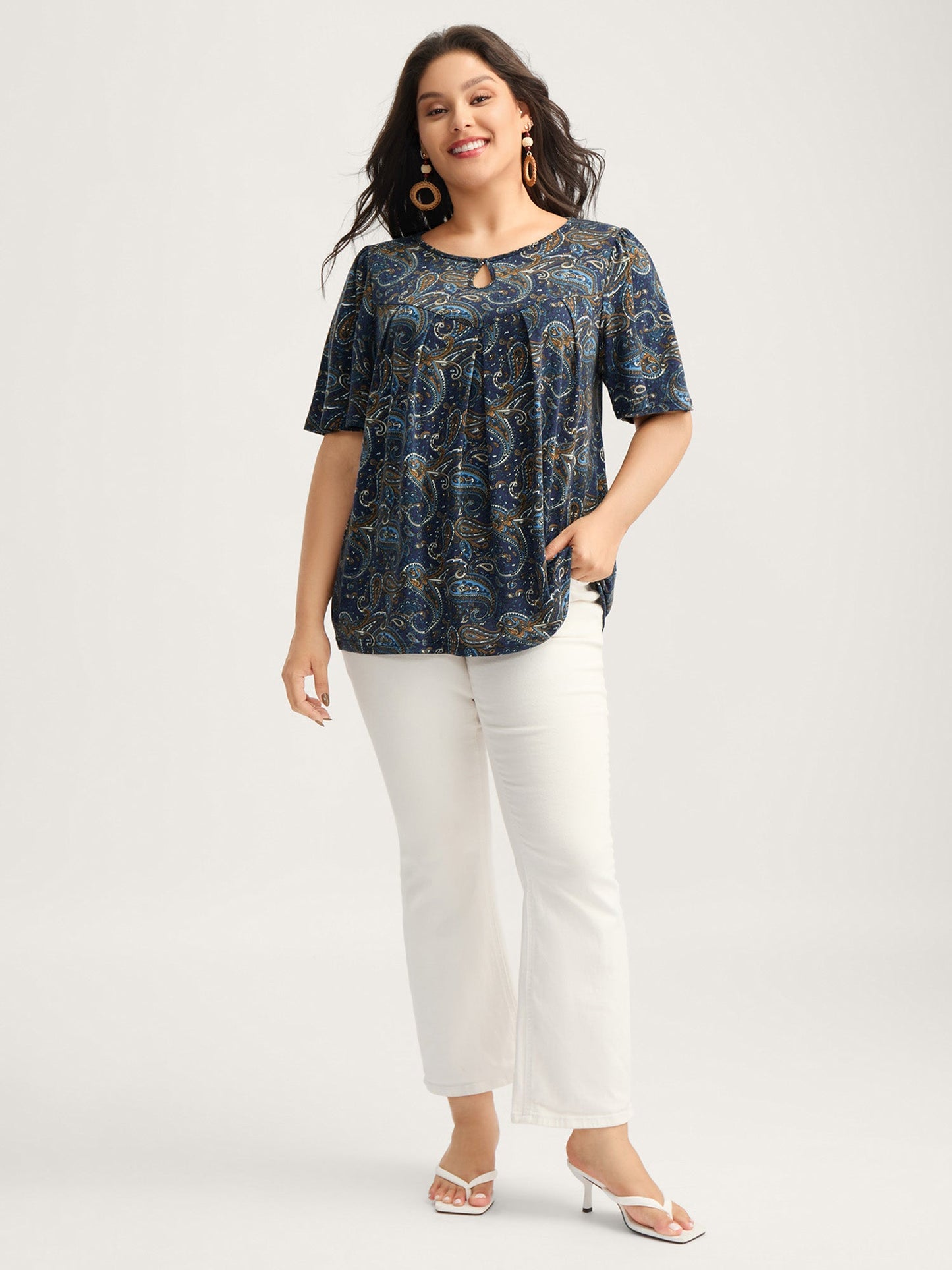 Paisley Print Neck Cut-Out Pleated Top