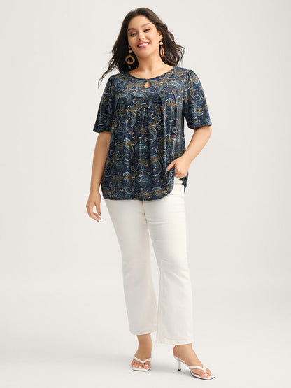 Paisley Print Neck Cut-Out Pleated Top