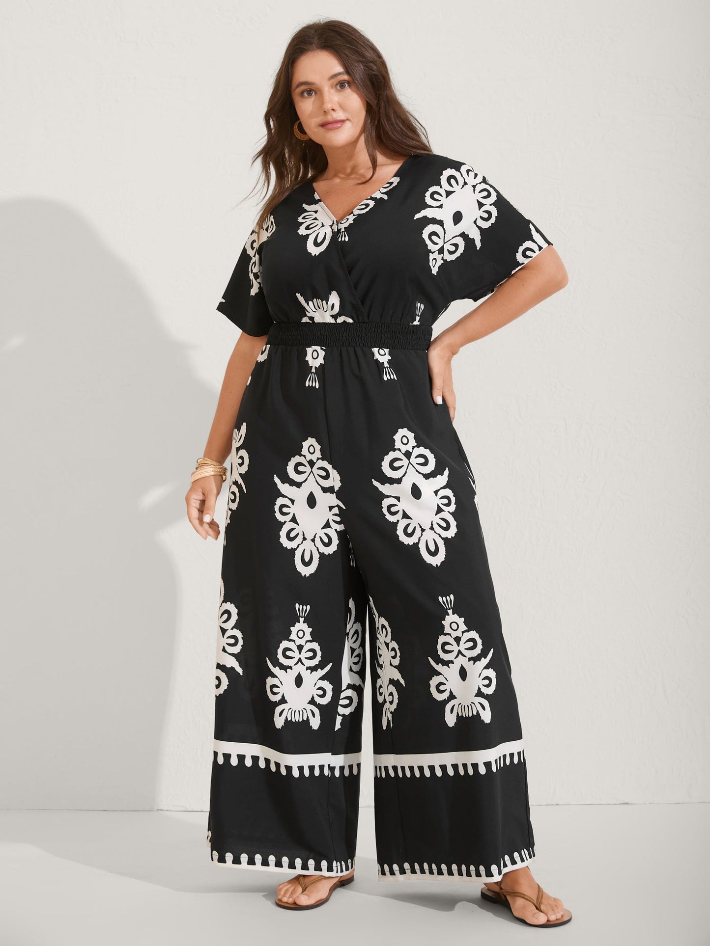 Boho Print Shirred Waist Surplice Jumpsuit