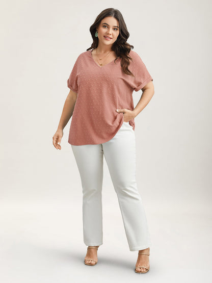 Back-Button Textured V-Neck Shirt