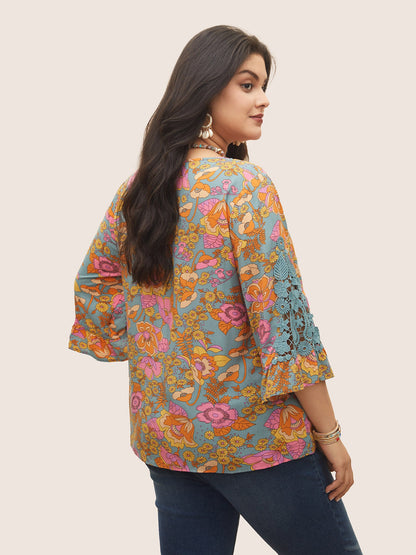 Boho Print Guipure Lace Ruffles Blouse
