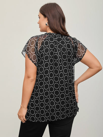 Polka Dot Mock Neck Mesh Patchwork Blouse
