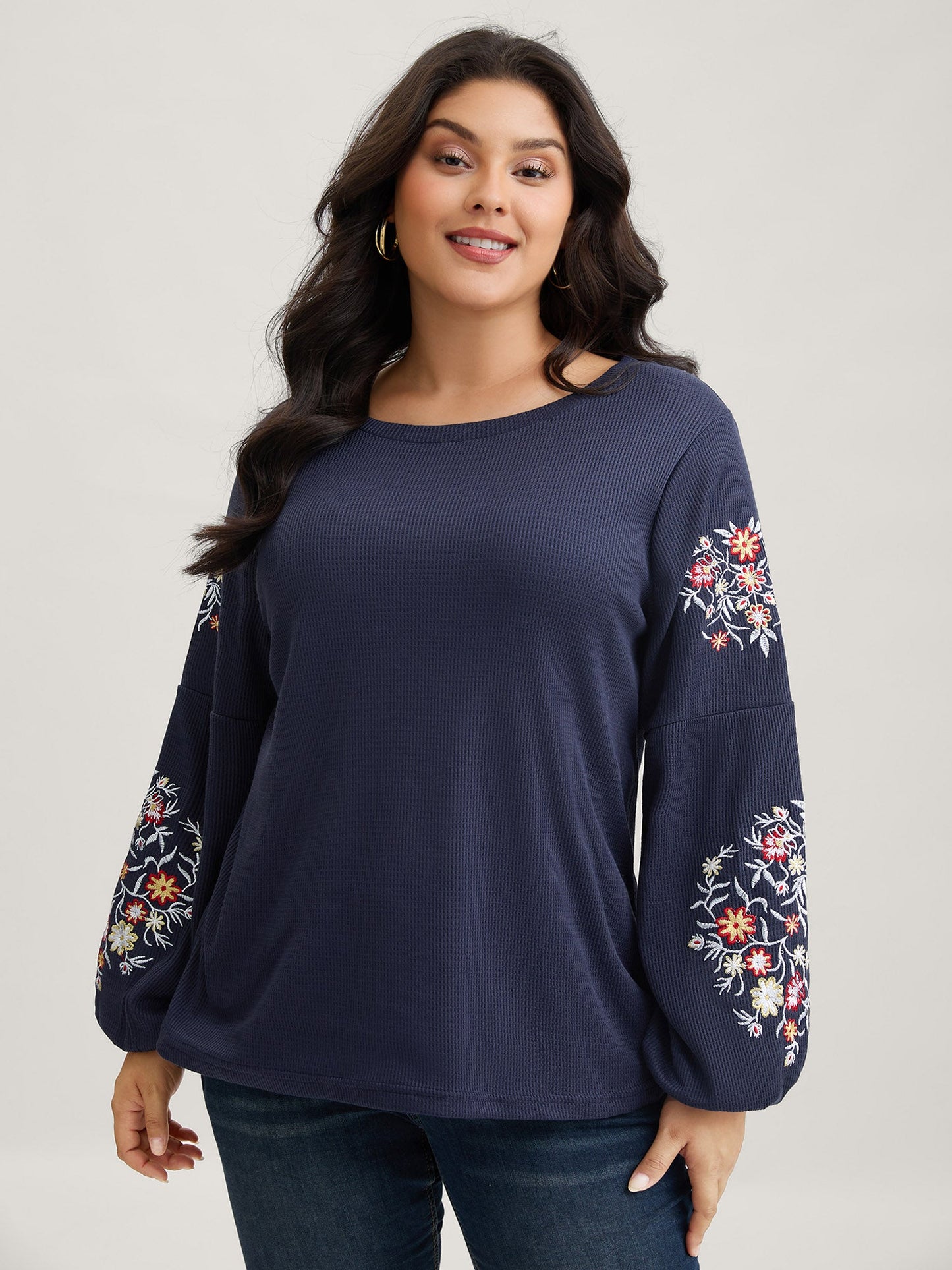Waffle Knit Floral Embroidered Lantern Sleeve T-shirt