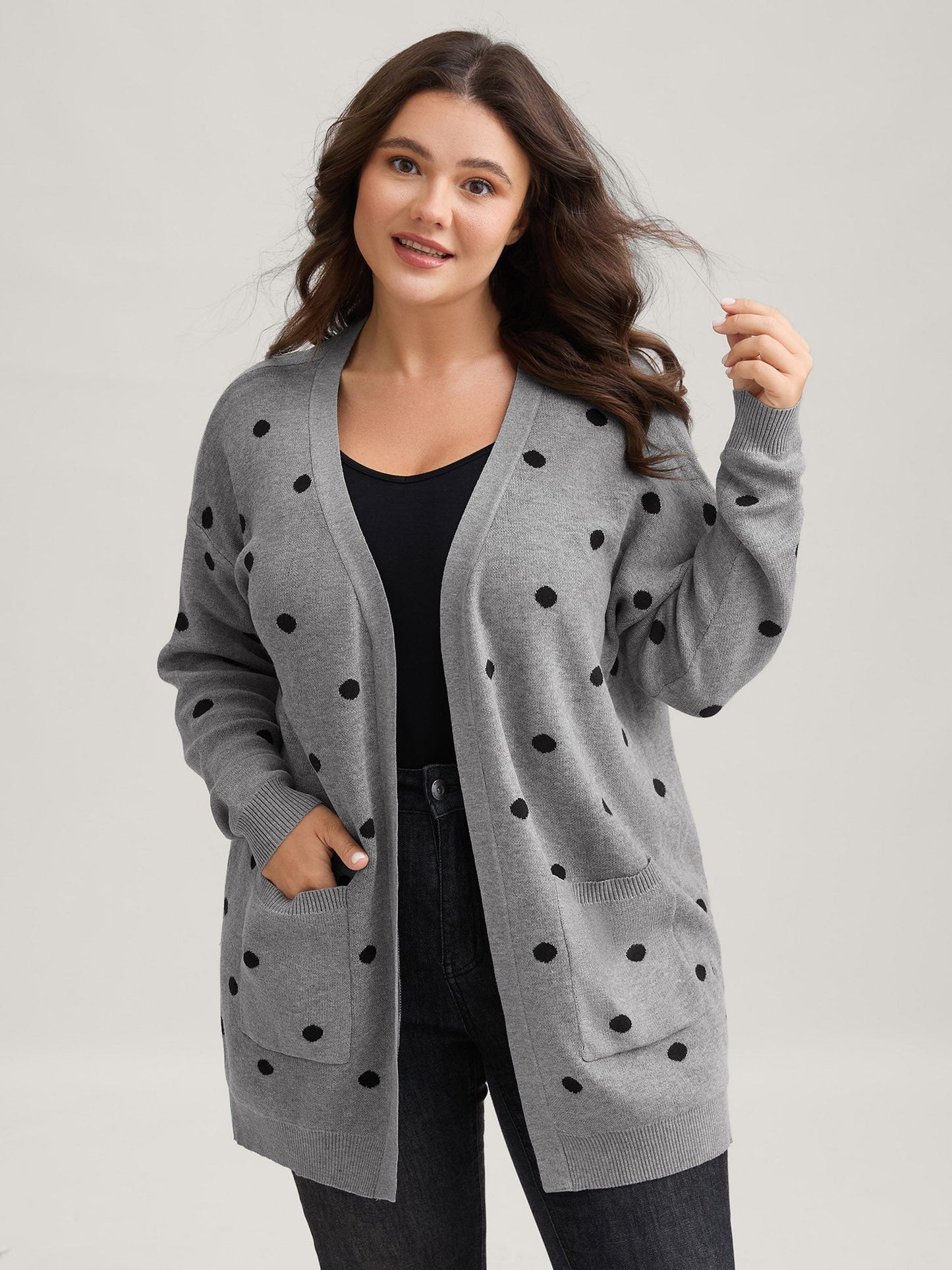 Polka Dot Kimono Collar Patch Pocket Cardigan