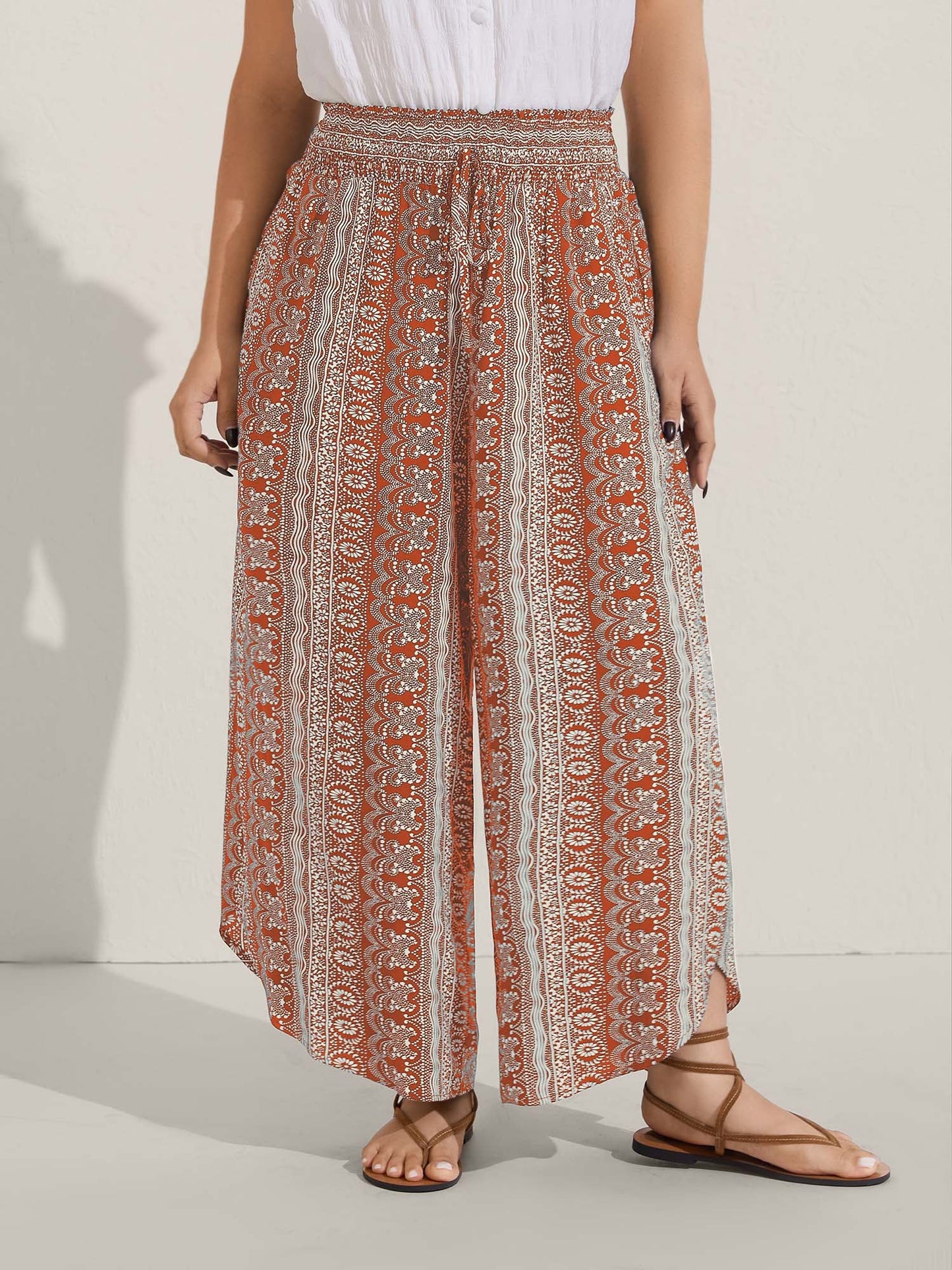 Boho Print Shirred Waist Wide-Leg Pants
