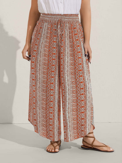 Boho Print Shirred Waist Wide-Leg Pants
