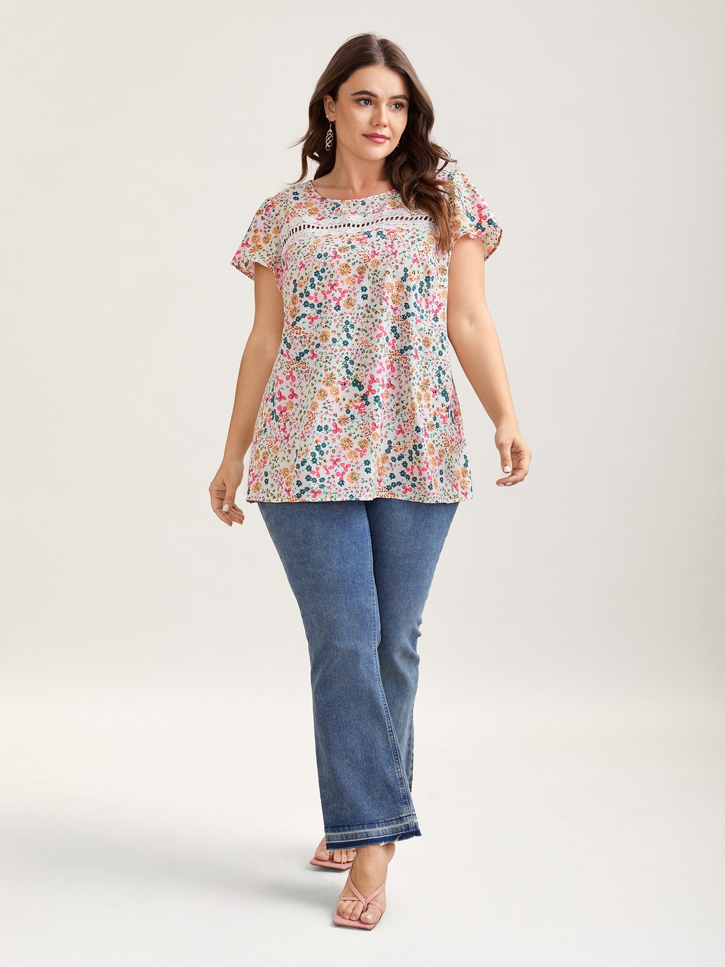Multi-Color Floral Print Lace Spliced Blouse