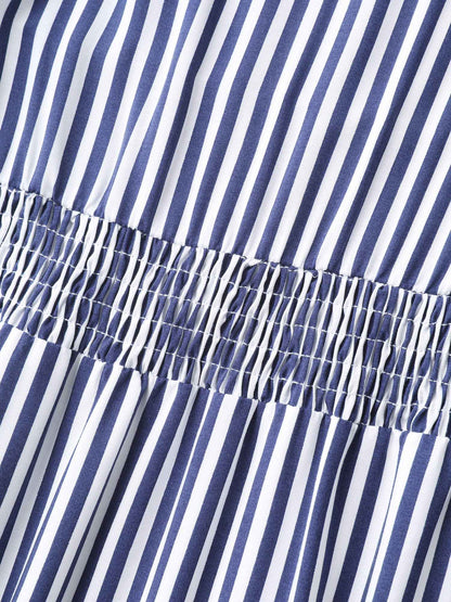 Stripes Cinched-Waist Floral Hem Maxi Dress