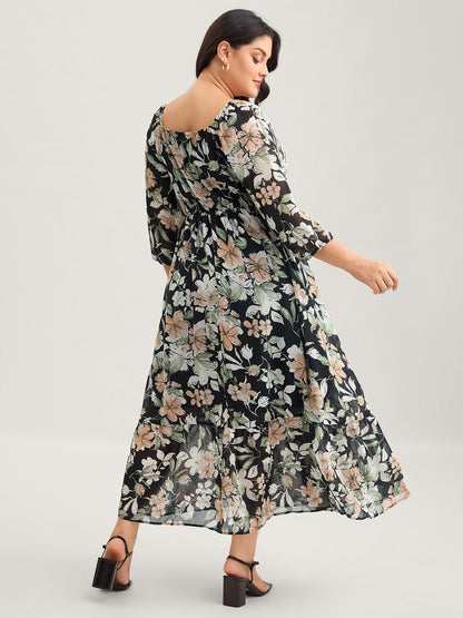 Floral Heart Neckline Woven Ribbon Gathered Dress