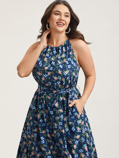 Floral Print Belted Stretchy Waist Midi Dress