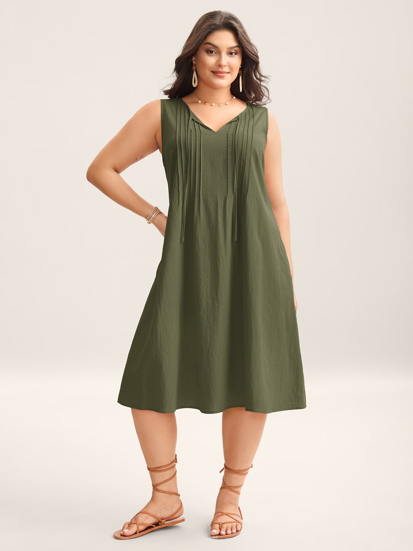 Cotton Toothpick Pleat Plain Midi Dress
